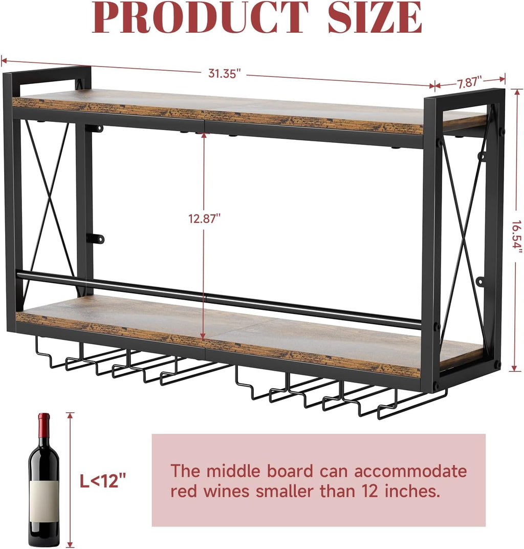 Shikha LED Wall Mounted Wine Rack with Glass Holder for Home Bar Kitchen | 31.4 Inch Retro Hanging Wine Display Shelf with RGB LED Lights, Stemware Holder, 2 Tier Wood-Metal Wine Bottle Storage Rack