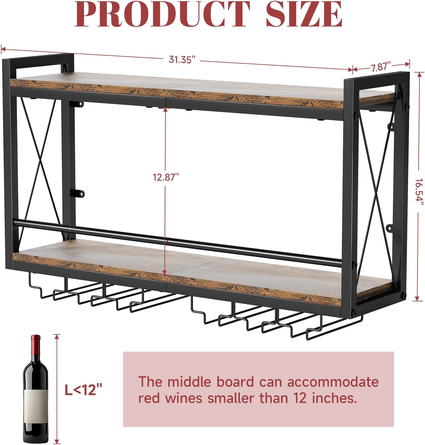Shikha LED Wall Mounted Wine Rack with Glass Holder for Home Bar Kitchen | 31.4 Inch Retro Hanging Wine Display Shelf with RGB LED Lights, Stemware Holder, 2 Tier Wood-Metal Wine Bottle Storage Rack