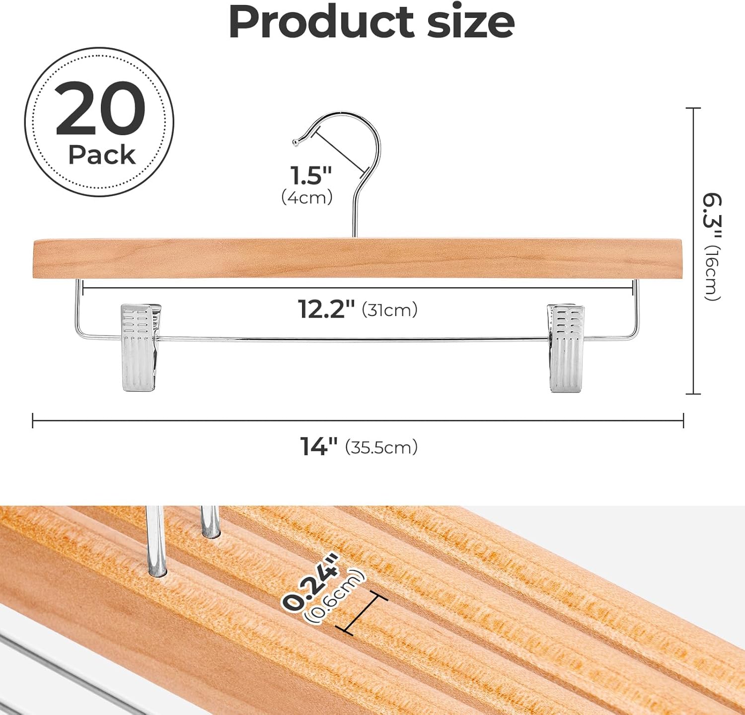 HOUSE DAY Wooden Pants Hangers with Clips, Solid Lotus Deluxe Wood Skirt Hangers, Heavy Duty & Anti-Rust Hook for Wrinkle-Free Slacks, Skirts, Jeans, Space Saving for Closet 20 Pack (Natural)
