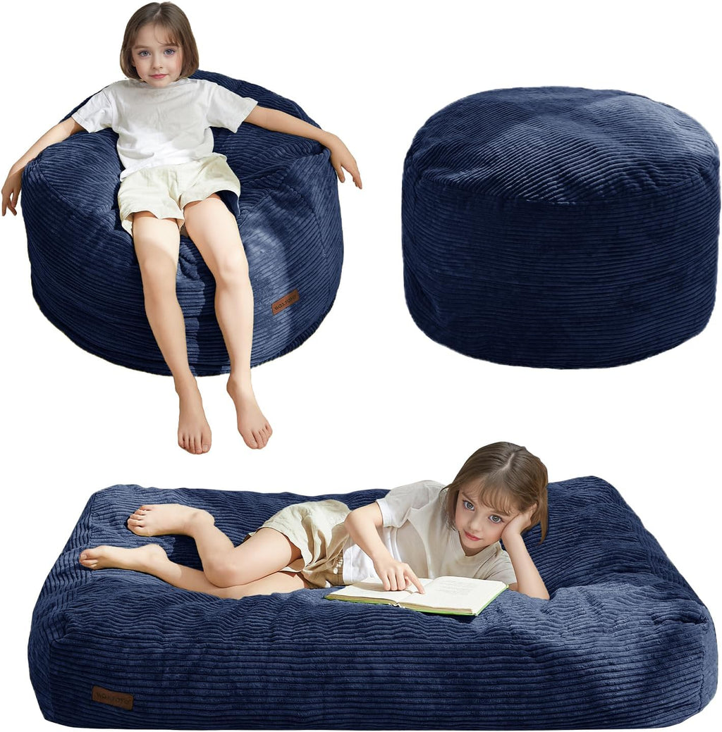 MAXYOYO Bean Bag Chair Bed for Kids, Convertible Bean Bag Floor Sofa Couch | Folds from Lazy Chair to Floor Bed, Machine Washable Corded Fabric, Stuffed Floor Sofa Couch for Boys and Girls, Navy