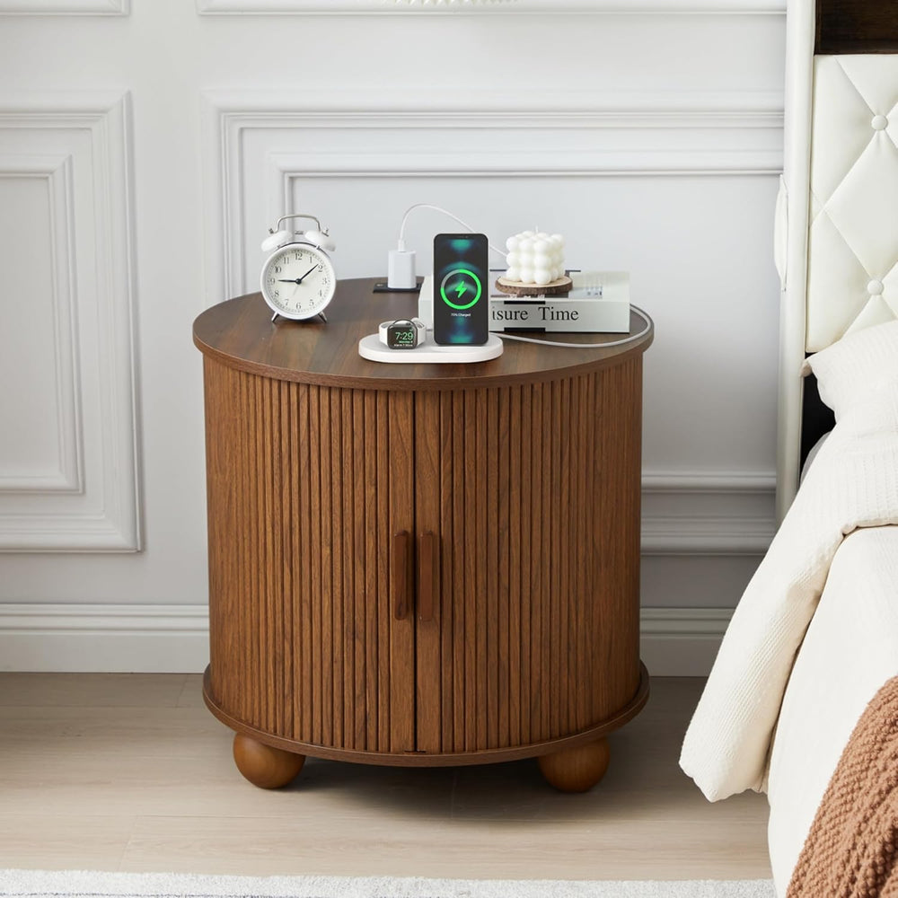 AVZEAR 24" Large Round End Table with Charging Station, Farmhouse Fluted...