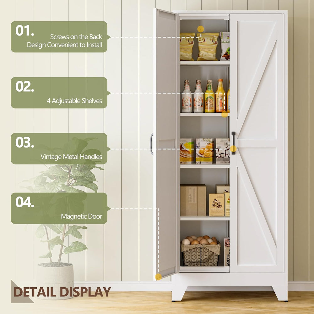 RAVIGIN Farmhouse Storage Cabinet,75" H Metal Pantry Cabinet with Barn D...