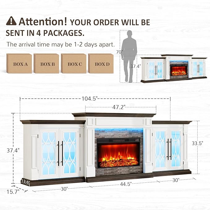 Naice 104" Fireplace TV Stand, Electric Fireplace Mantel with Large Cabinets Tempered Glass Doors, LED Light & Power Outlet, Media Entertainment Center with 30" Insert Heater for Living Room, Brown