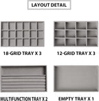 Frebeauty Jewelry Organizer Tray,Stackable Velvet Jewelry Trays,Drawer Inserts Earring Organizer For Women Jewelry Storage Display Case for Rings Stud Necklaces,Set of 9(Grey)