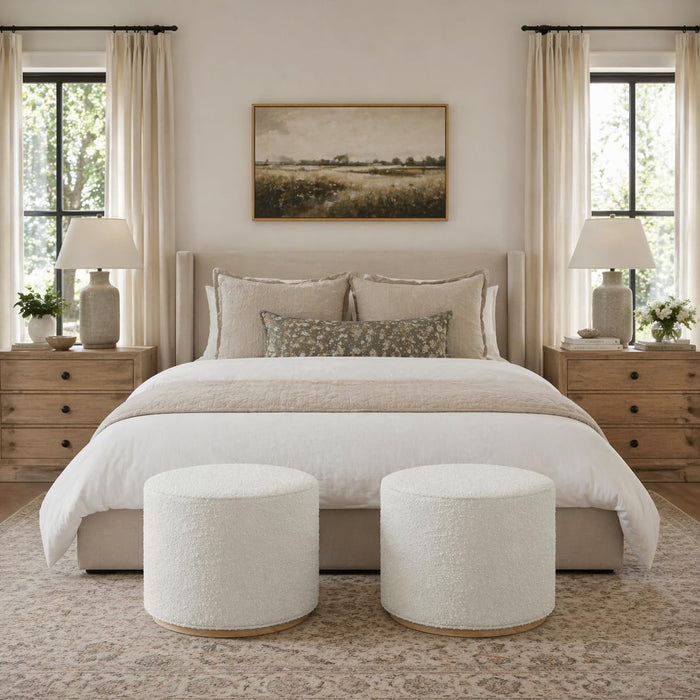 Spatial Order 22" Round Ottoman with Wooden Base - Cream Textural Fabric