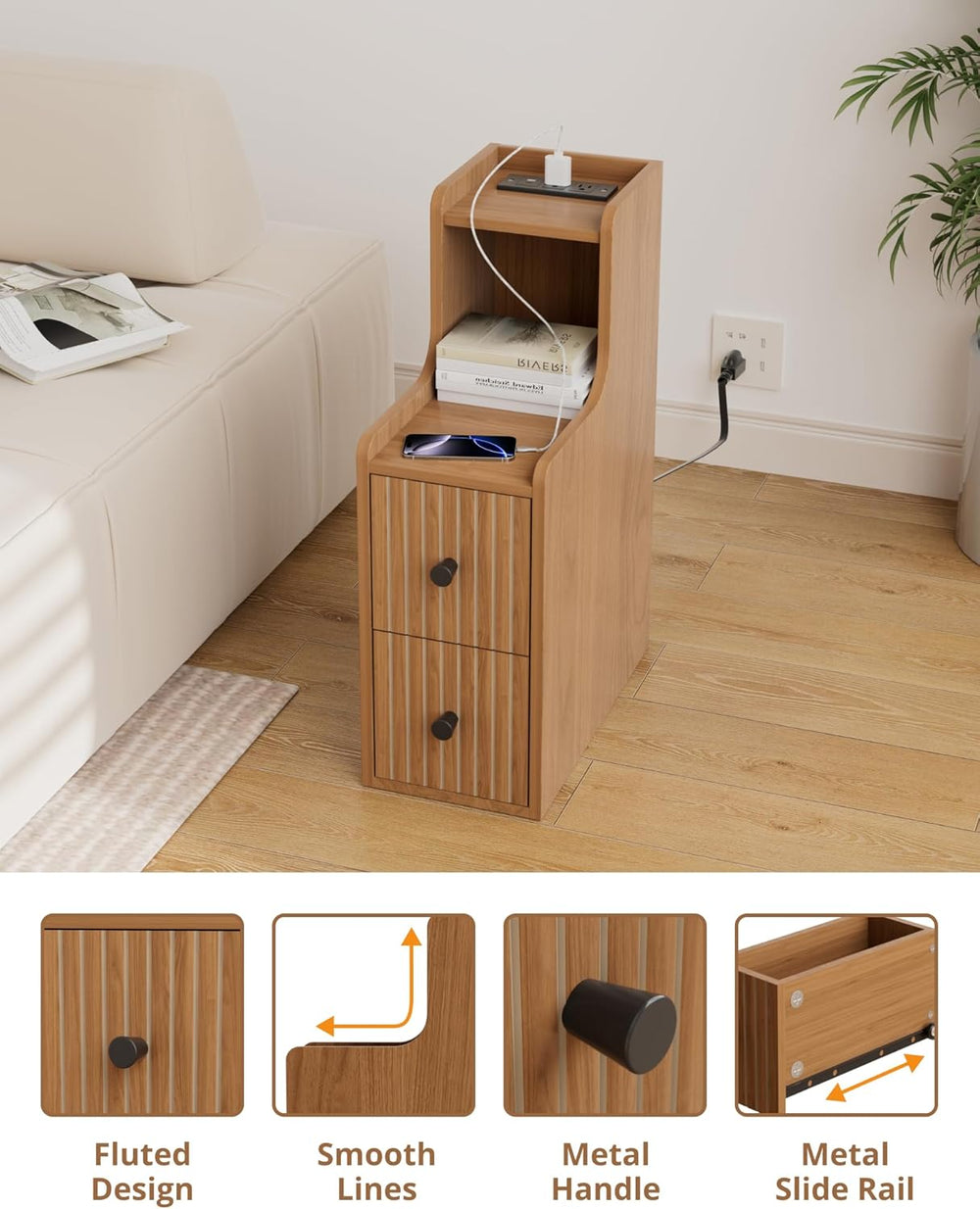 Set of 2 Narrow Side Table with Charging Station, Wooden Slim End Table with ...