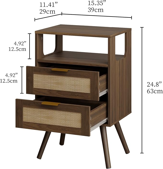 Rattan Nightstand,Farmhouse Bedside Table with 2 Storage Drawer and Open Wood...