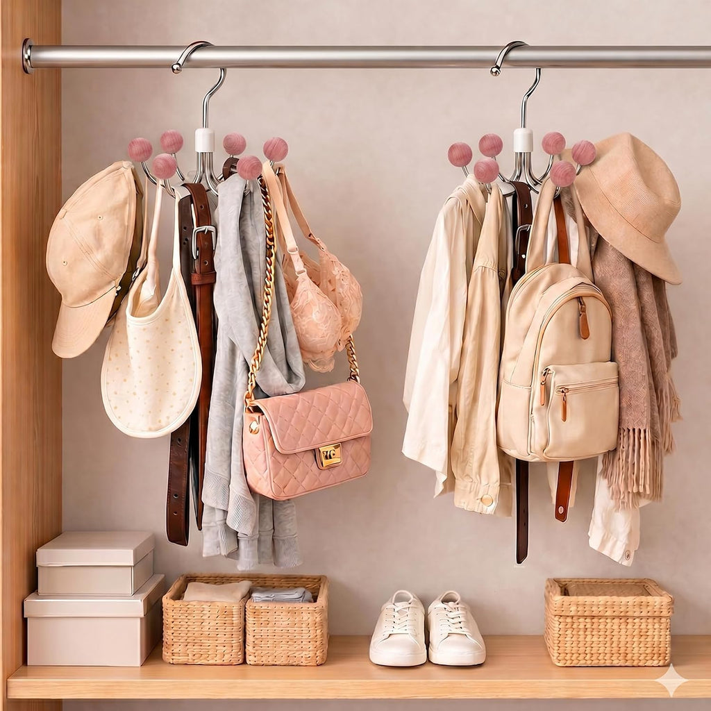 6-Pack 360° Swivel Hoodie & Purse Organizer with Cedar Balls, Multi-Purpose Closet Storage Hanger for Hoodies, Bags, Scarves, Hats, Space Saving, Anti-Slip, Ideal for Dorm, Apartment & Travel