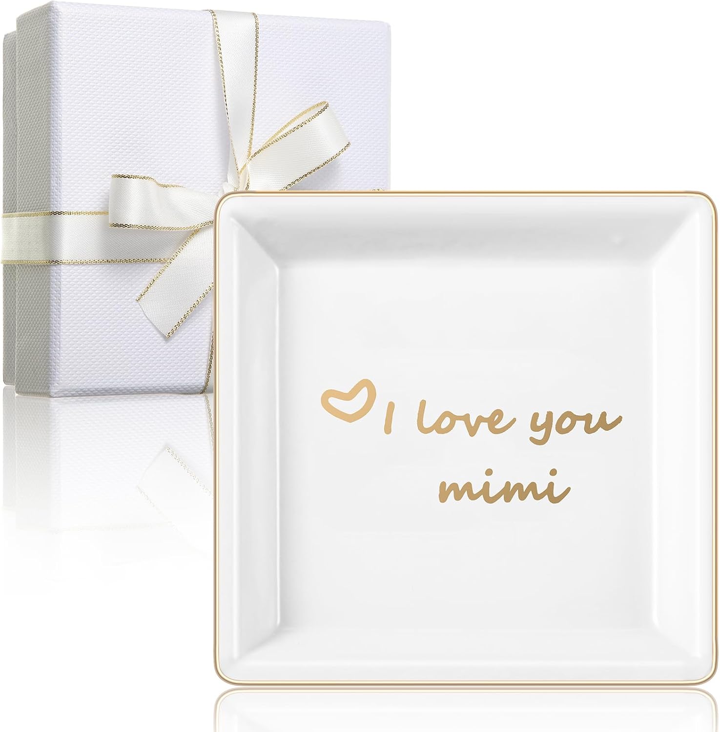 Zonon Mother's Day Ceramic Jewelry Tray with Present Box, Gift for Mom from Daughter I Love You Mom Square Decorative Ring Trinket Dish for Mother's Day Birthday Gift for Women