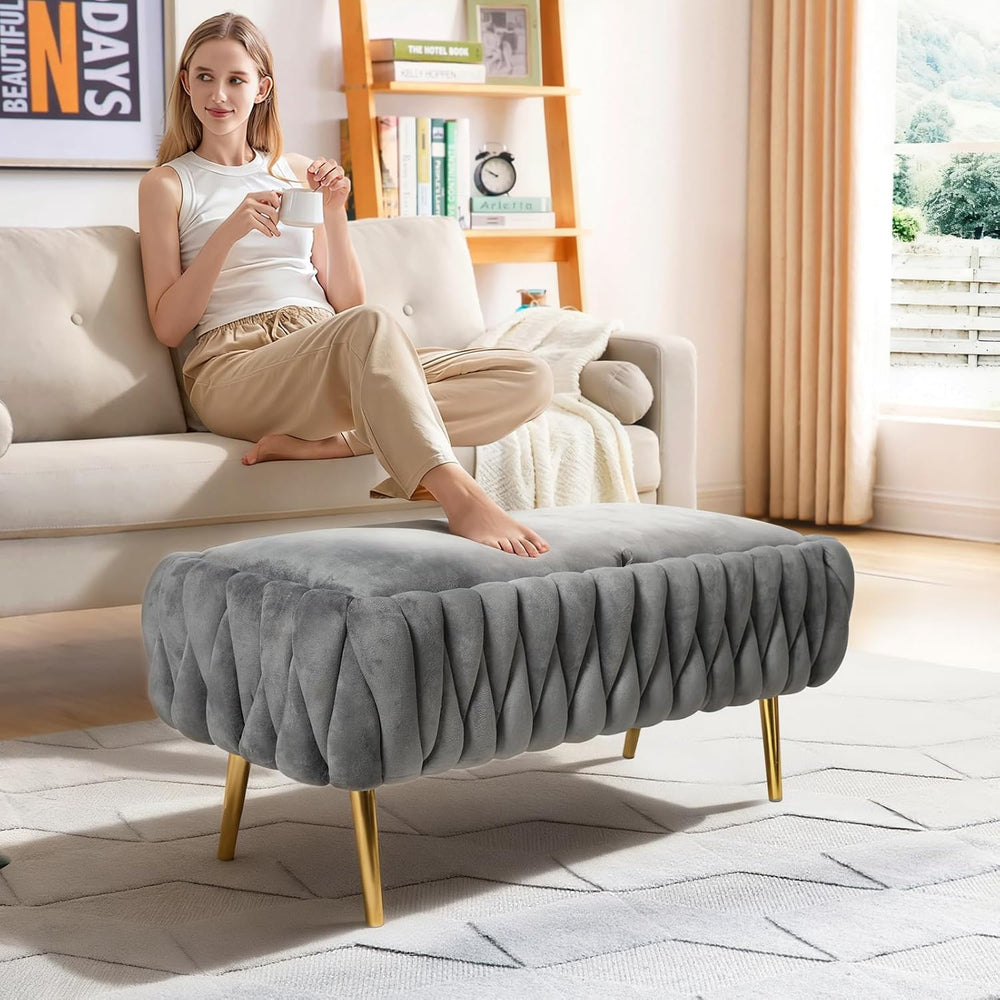 End of Bed Bedroom Storage Bench Upholstered, Hand-Woven Storage Ottoman Benc...