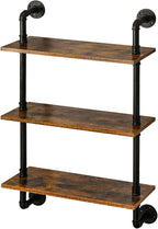 YMYNY Industrial Pipe Shelf Bracket, 3 Tiers Retro Wall Mounted Floating Shelf, Wood DIY Bookshelf, Storage Shelves for Living Room, Bedroom, Office, 24" Farmhouse Bathroom Shelving, UHRF-TM003