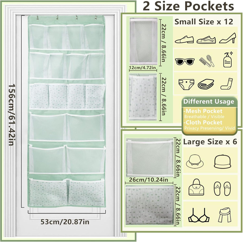 18 Pockets Over the Door Organizer with 4 Kind Pockets,Behind Door Shoes Rack,Back of Closet Storage Organization for Socks,Hat,Underwear,Luggage Packing,Hanging Holder Shelf in Home Dorm,Travel,Green
