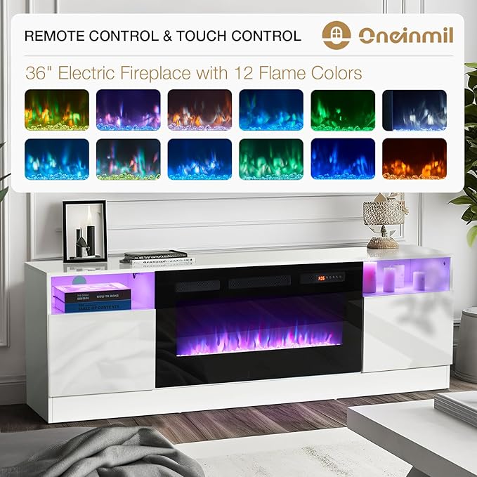 oneinmil Fireplace TV Stand with 36" Electric Fireplace, LED Light Entertainment Center, Modern Wood Texture Highlight Storage Cabinet for TVs Up to 80", 70 inches,White