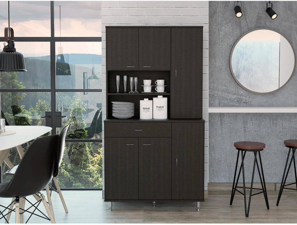Tuhome Della 90 Kitchen Pantry, One Drawer, Multiple Cabinets, Two Open Shelv...