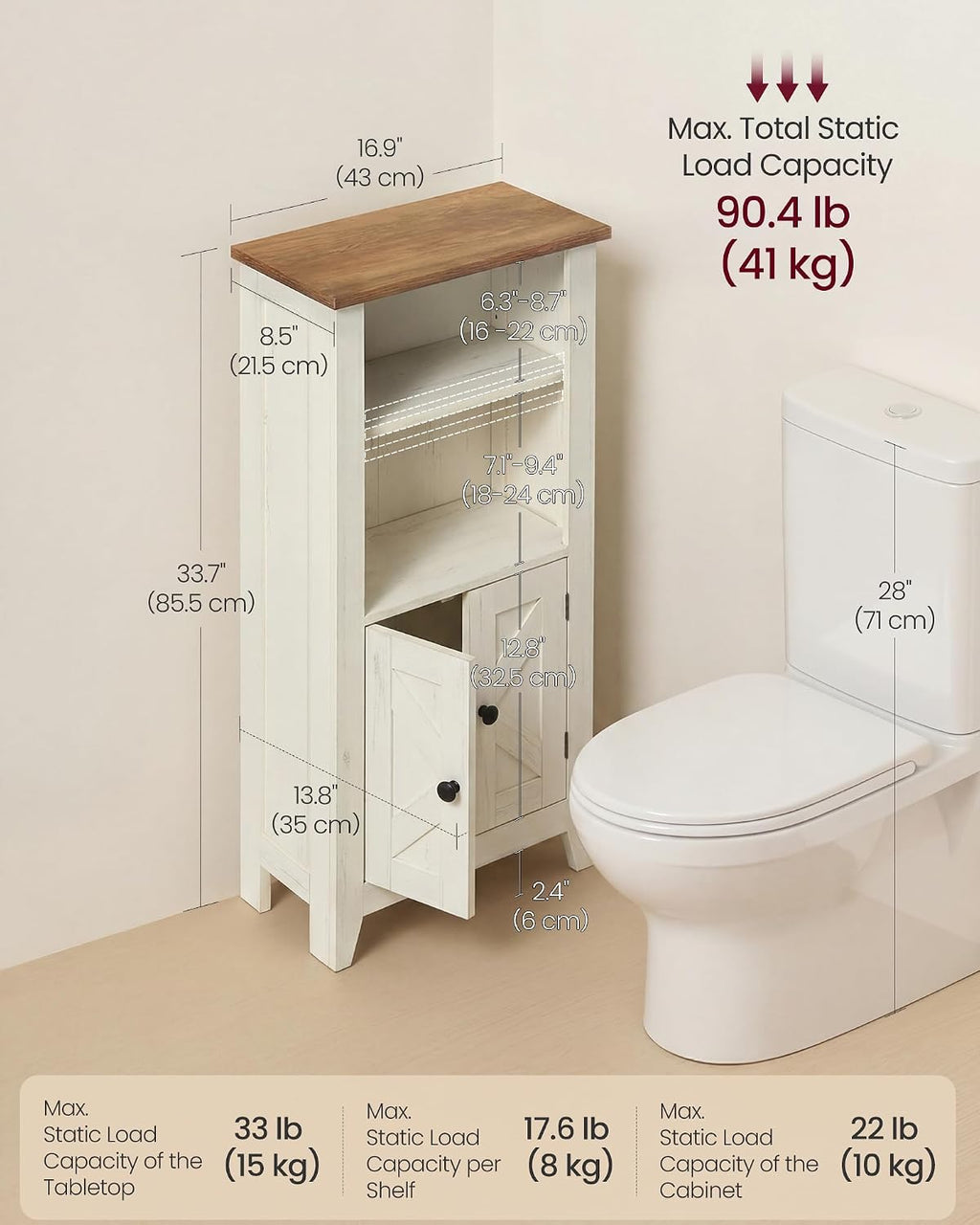 VASAGLE LIRY Collection - Storage Cabinet, Farmhouse Floor Cabinet, Freestanding Storage Organizer for Bathroom Kitchen Entryway, Adjustable Shelf, Cloud White and Rustic Brown UBBK313W101S
