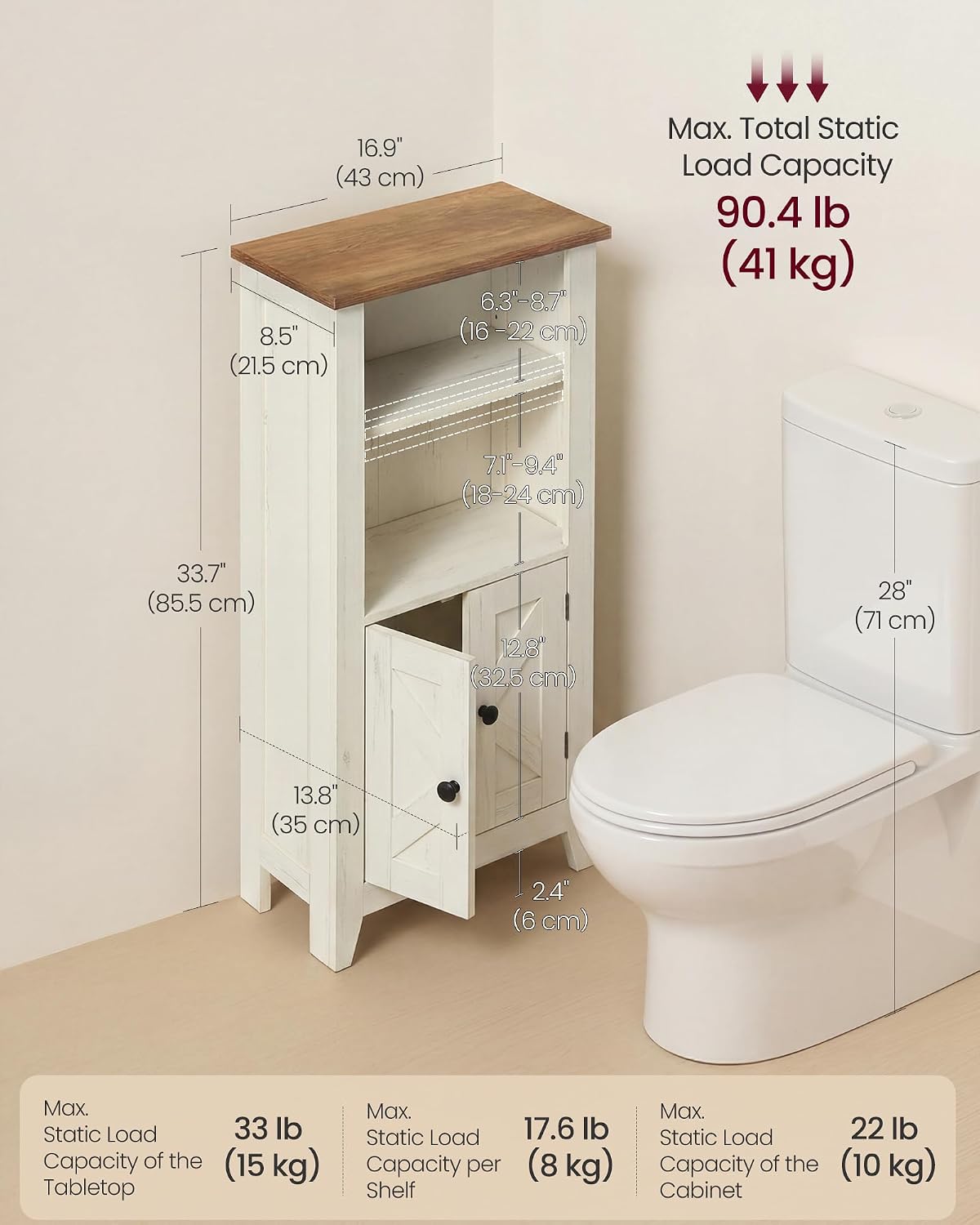 VASAGLE LIRY Collection - Storage Cabinet, Farmhouse Floor Cabinet, Freestanding Storage Organizer for Bathroom Kitchen Entryway, Adjustable Shelf, Cloud White and Rustic Brown UBBK313W101S
