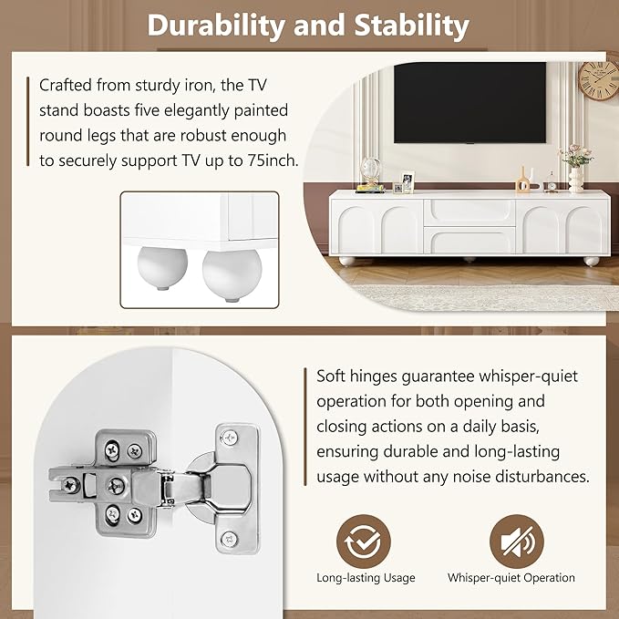 Ball & Cast 70" Modern TV Stand for TVs up to 75", Cream Media Console with Arched Push-to-Open Doors,2 Cabinets & 2 Drawers, 5 Iron Round Legs,Entertainment Center for Living Room,Bedroom,White