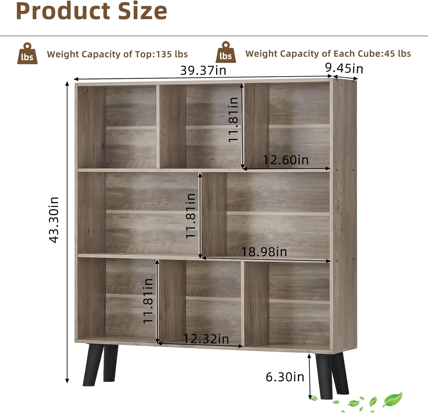 LEYAOYAO 8 Cube Bookshelf,3 Tier Bookcase with Legs,Modern Grey Mid-Century Bookshelves,Large Farmhouse Open Storage Organizer Shelf, Retro Wooden Display Book Case for Bedroom,Living Room,Office