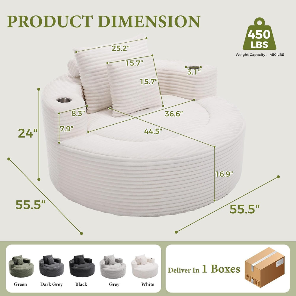 55.5" Oversized Round Chaise Lounge Chair Indoor, Corduroy White | Moder...