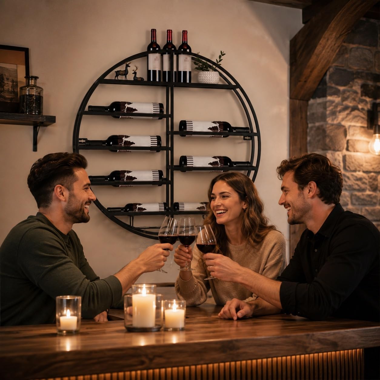 Round Wall Mounted Wine Rack Modern Metal Wine Wall Display Shelf | Horizontal Circular Bottle Storage Organizer, Vintage Rustic Wall Decor for Kitchen Living Room, Wine Cellar, Home Bar, Black
