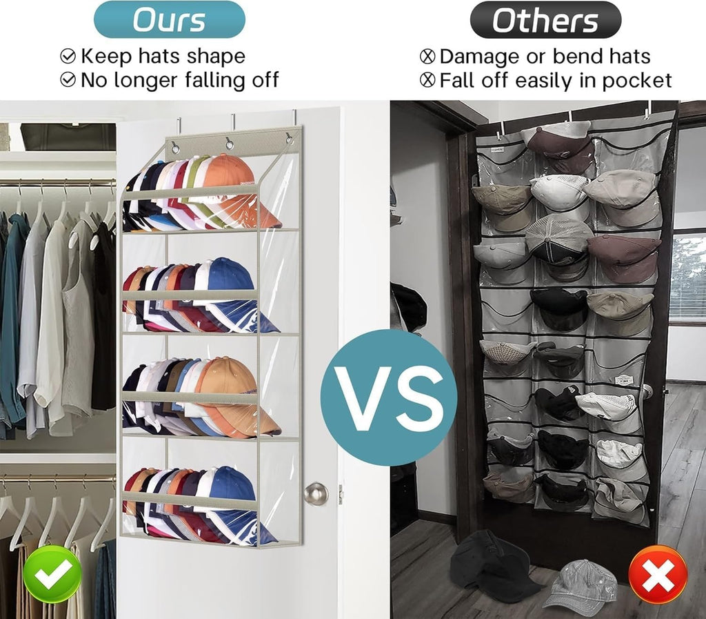 AOODA Clear Over the Door Hat Racks for Baseball Caps, Hold 48 Caps Hat Storage Organizer for Closet Wall, Deep Pockets Hanging Snapback Holder Shelves with 3 Hooks, Grey