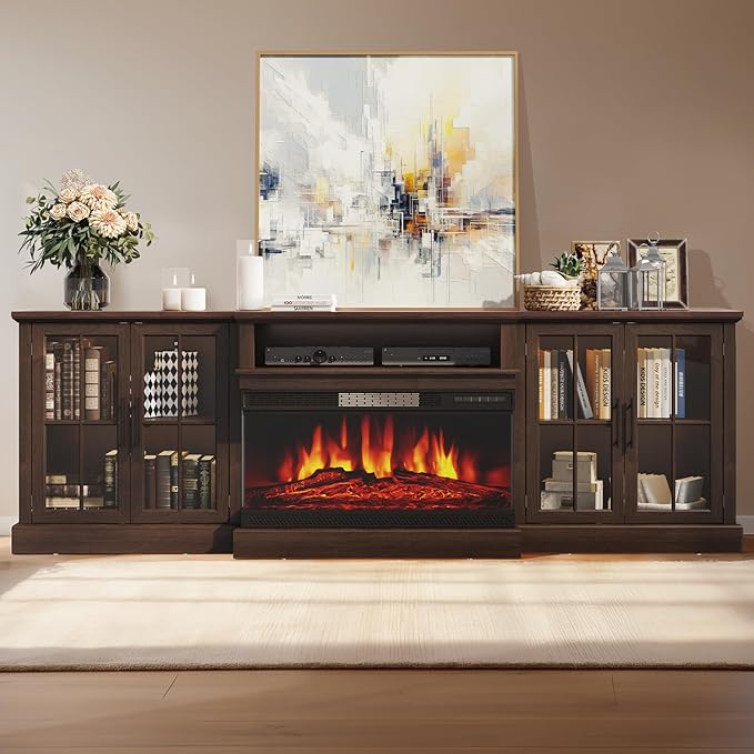98" Farmhouse TV Stand with 36" Fireplace for Living Room,Media Entertainment Center with Adjustable Shelves and Large Storage Cabinets, TVs up to 100", Brown