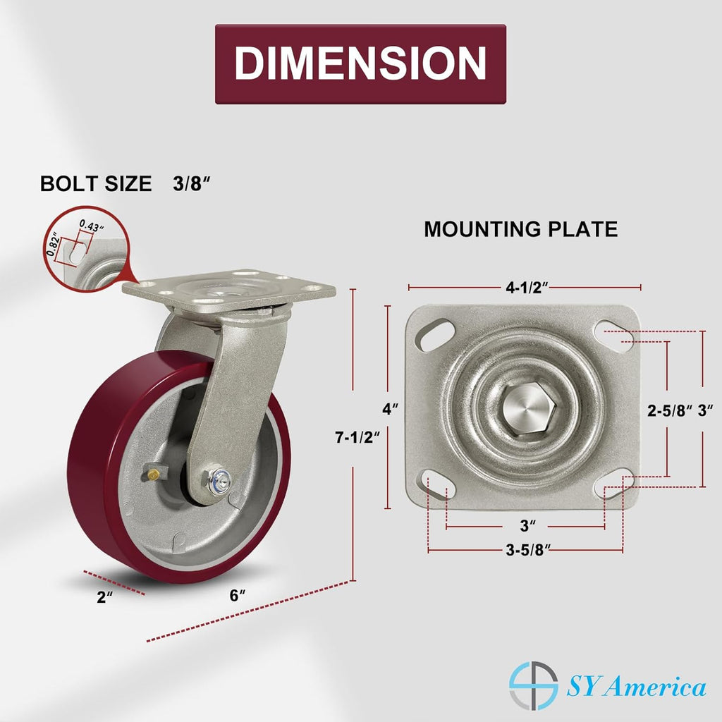 SY America 6" X 2" Casters Wheels,Heavy Duty Industrial Casters，Polyurethane on Aluminum Wheels,2 Swivel Casters,2600 LBS Load Capacity