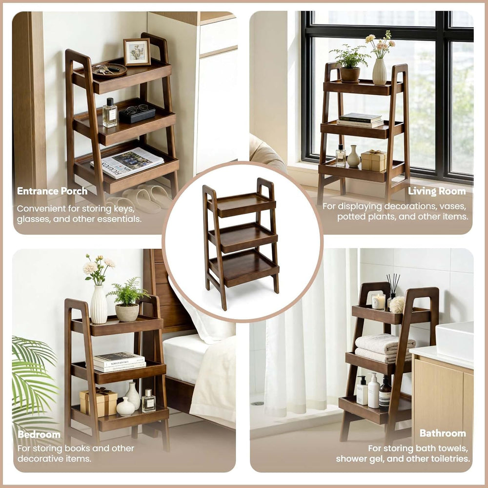 3 Tier Wooden Ladder Shelf, Small Leaning Bookshelf with Open Storage & R...