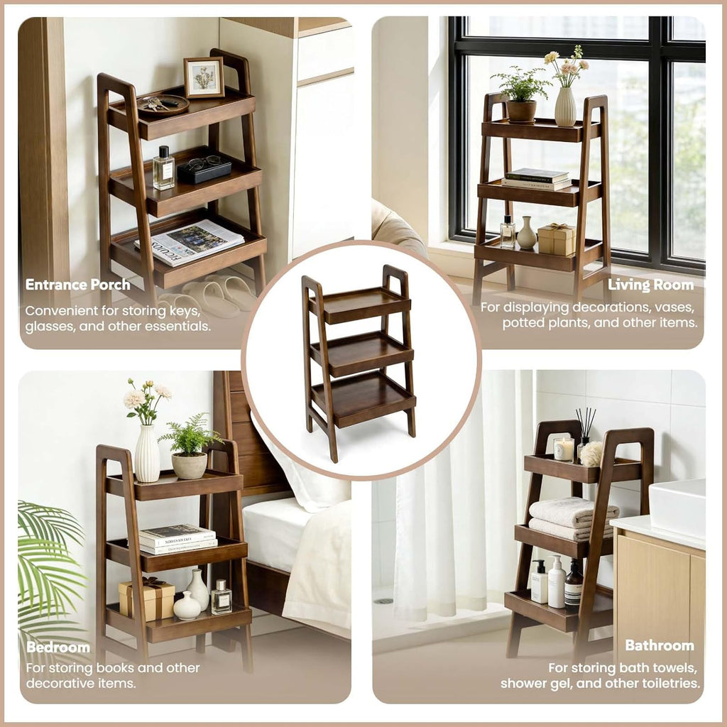 3 Tier Wooden Ladder Shelf, Small Leaning Bookshelf with Open Storage & Raised Guard Rail, Freestanding Display Shelf for Bedroom Living Room Apartment Balcony Small Spaces