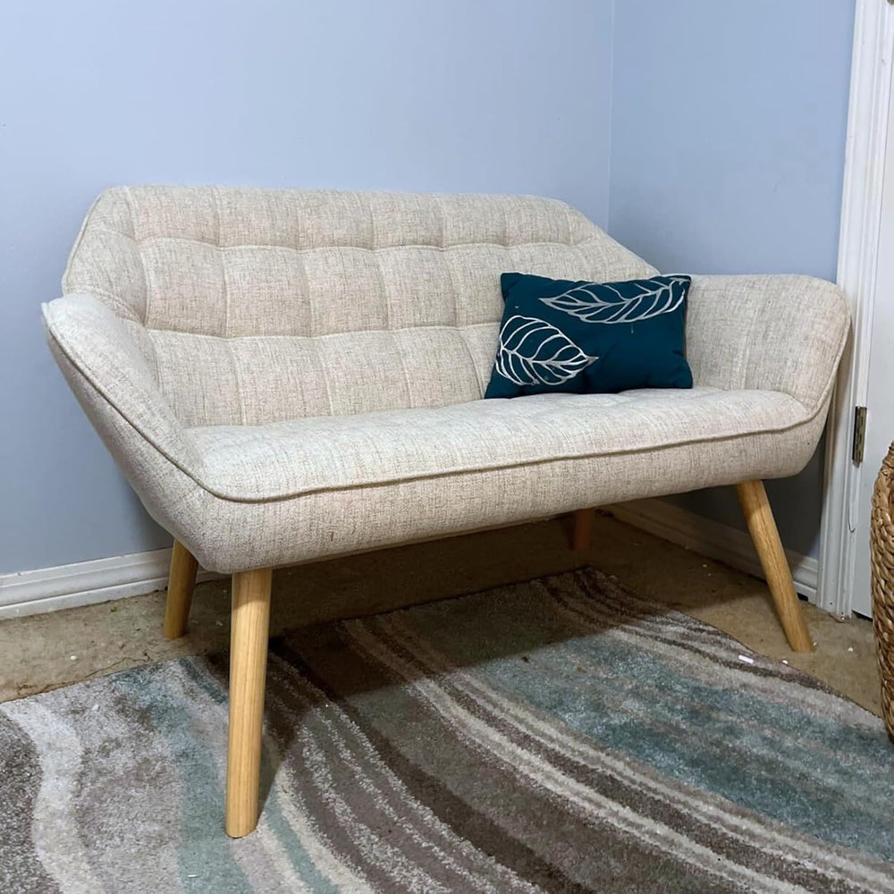 48”Small Loveseat Sofa, Modern Linen Upholstered Mini Couch 2-Seater Fluffy L...