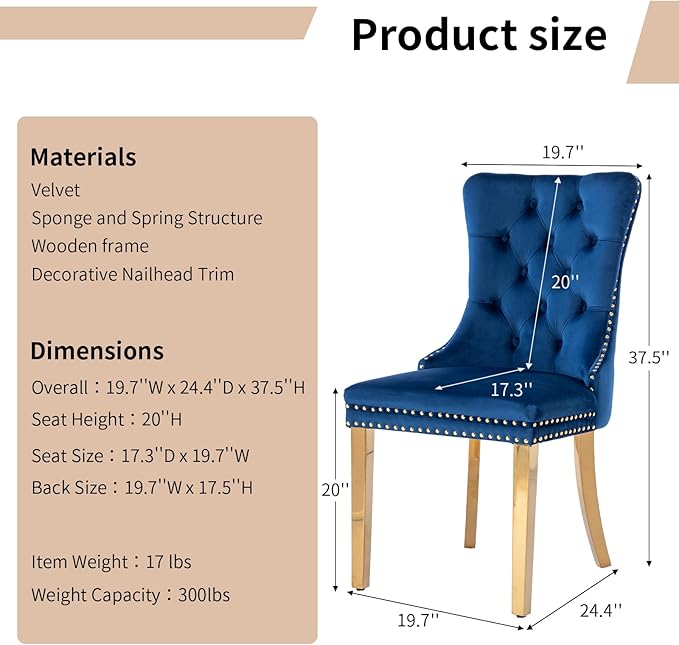 Luxury Upholstered Dining Chairs Set of 2, Kitchen Chair with Golden Metal Legs, Velvet Tufted Back Dining Chair, Sillas de Comedor, Modern Kitchen & Dining Room Chairs (Blue, 2 Pcs)