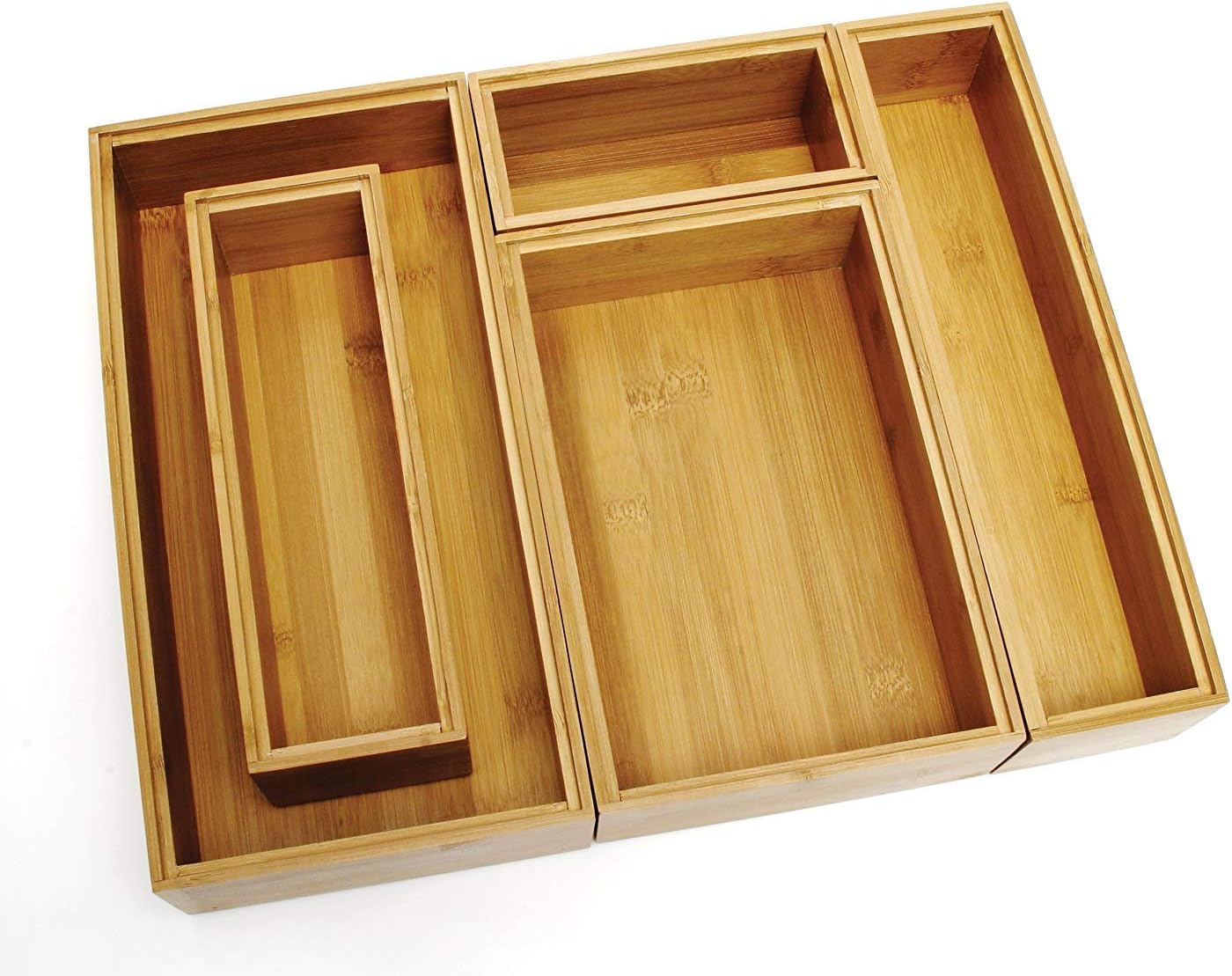 Lipper International 88005 Bamboo Wood Drawer Organizer Boxes, Assorted Sizes, 5-Piece Set