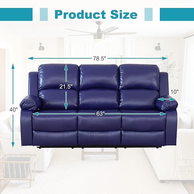 Recliner Sofa Set Couches for Living Room Chair Semi PU Fabric Living Room Furniture Sets, Adjusted Loveseat Reclining Couch Furniture Sofa Set for Theater Seating, 3-Seater, Dark Blue