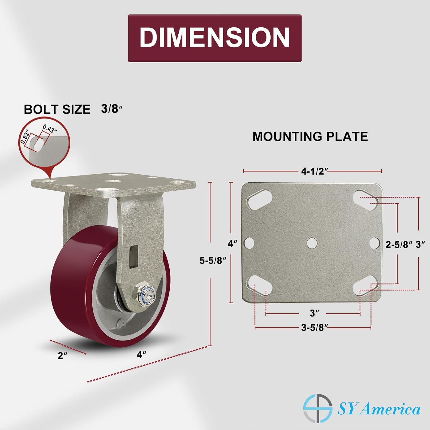 SY America 4" X 2" Casters Wheels,Heavy Duty Industrial Casters，Polyurethane on Aluminum Wheels,1 Rigid Casters,800 LBS Load Capacity