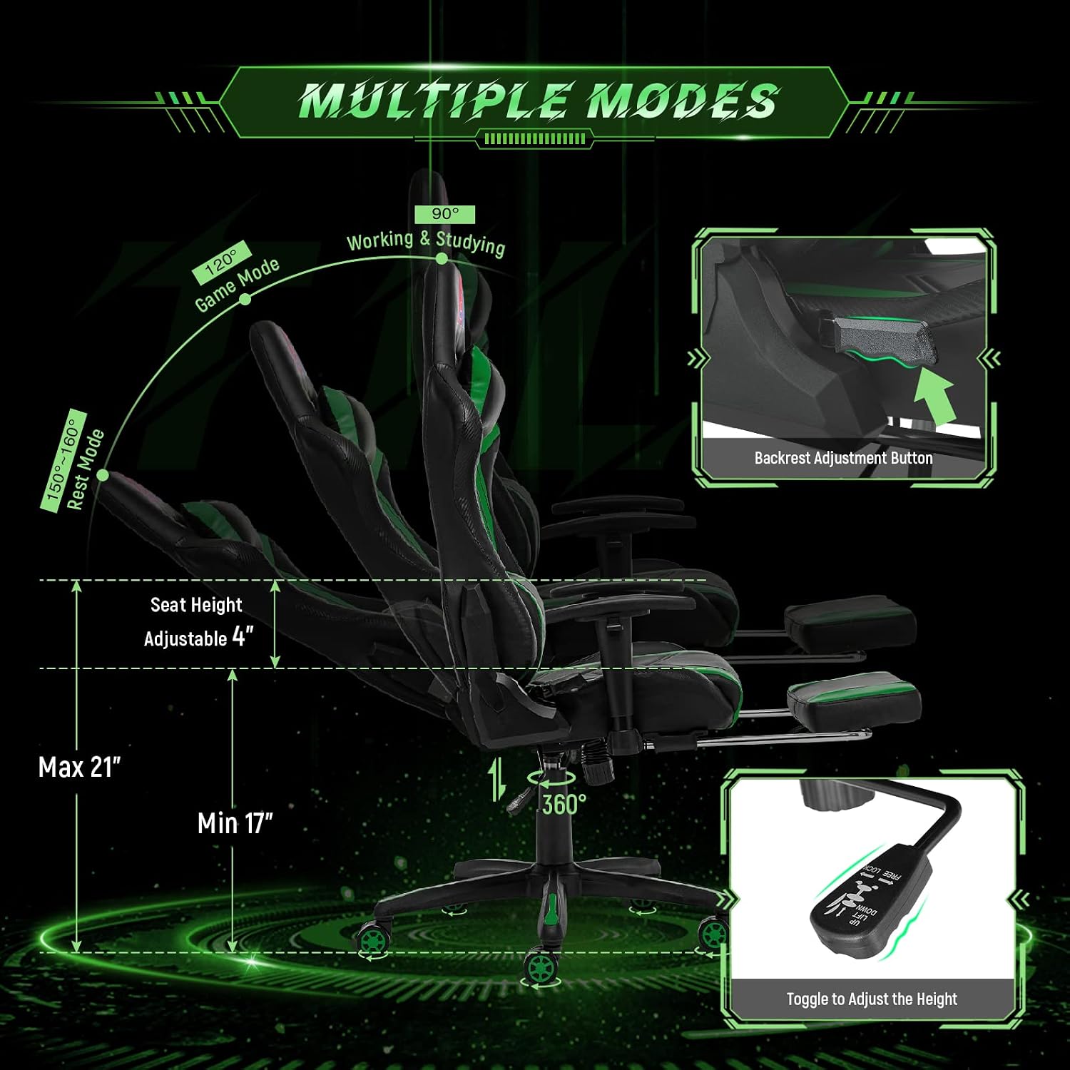 AA Products Gaming Chair High Back Ergonomic Computer Racing Adjustable Gamer Chair with Footrest, Lumbar Support Swivel Chair – Blackgreen