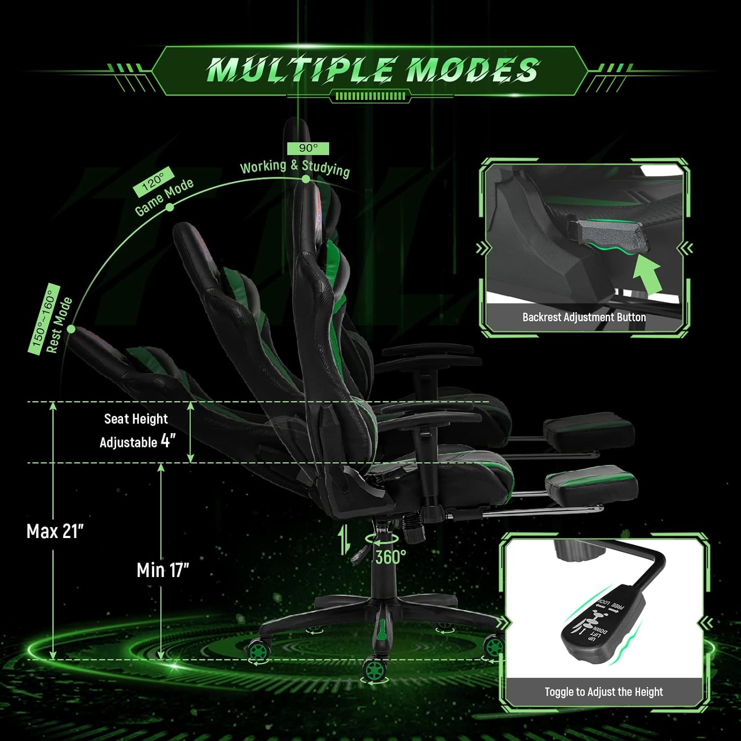 AA Products Gaming Chair High Back Ergonomic Computer Racing Adjustable Gamer Chair with Footrest, Lumbar Support Swivel Chair – Blackgreen
