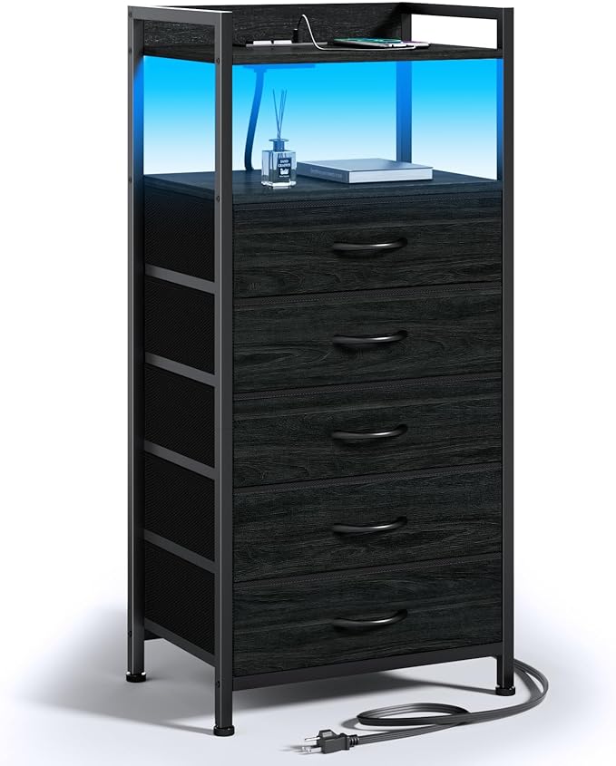 Furnulem Night Stand with Charging Station, Tall Black Dresser for Bedroom, N...