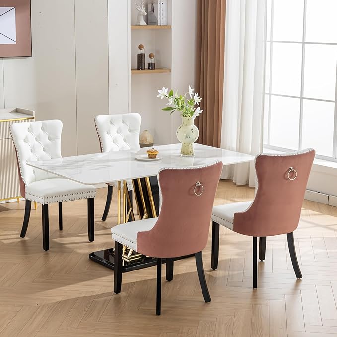 Velvet Dining Chairs Set of 4, High-end Tufted Upholstered Dining Chair with Ring Pull and Solid Wood Legs, Modern Dining Room Chairs for Dining Room, White PU & Pink Velvet