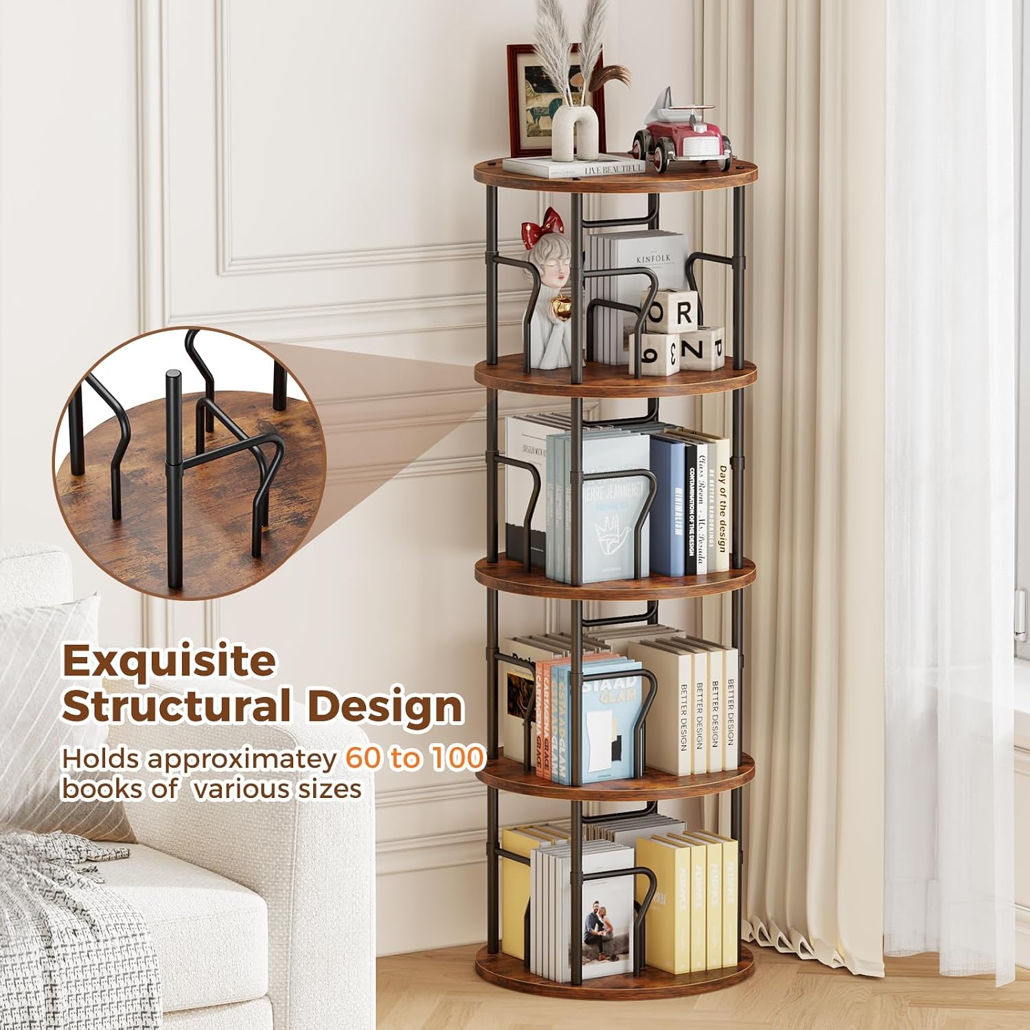 4 Tier Rotating Bookshelf Tower, 360° Display Round Bookcase, Floor Standing Corner Revolving Bookshelf Organizer Storage Rack for Small Spaces, Home Study Office, Black&Brown