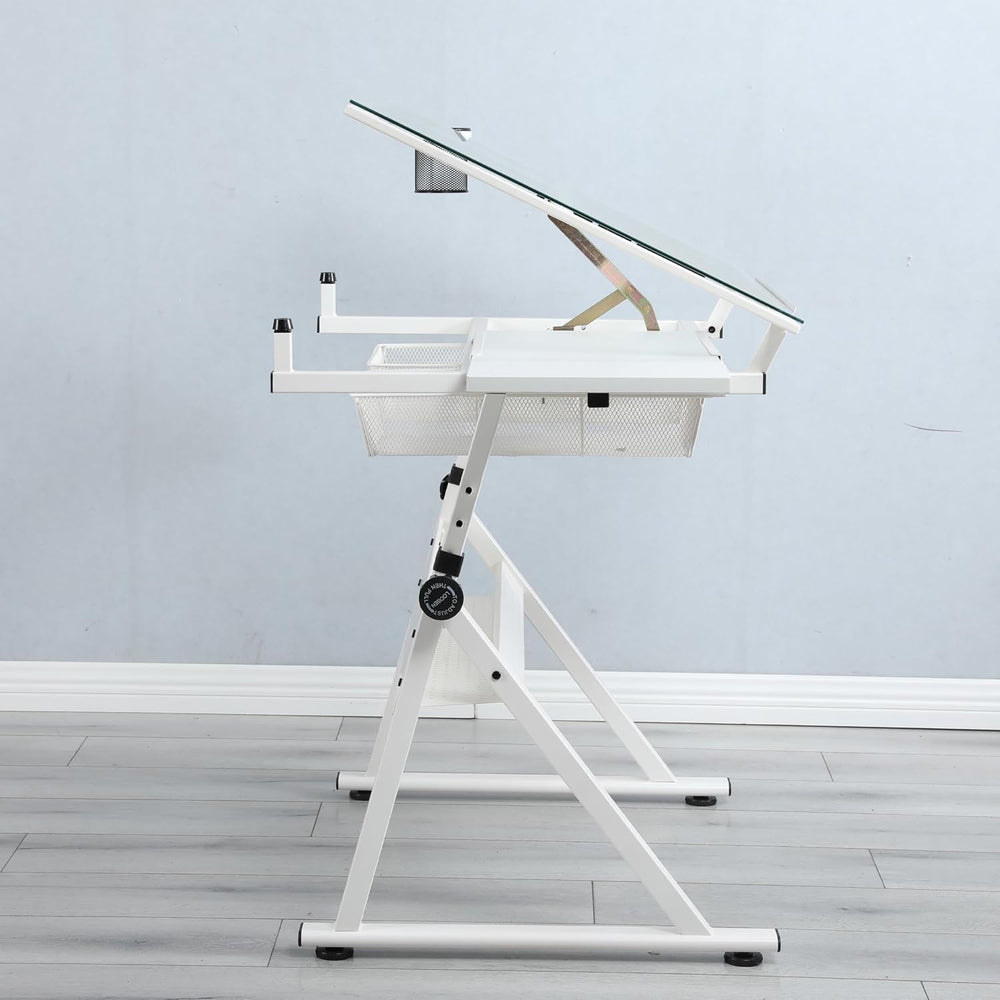 Dancongtea White Adjustable Glass Drafting Table with Chair for Artists | Sli...