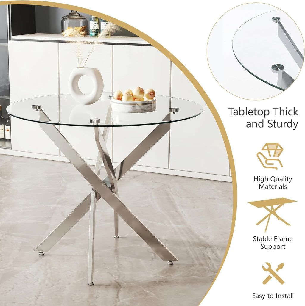 31.5" Round Glass Dining Table for 2-4, Tempered Glass Kitchen Tabletop with Chrome Legs, Clear Modern Small Circle Table for Apartment, Dining Room (Silver)