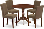 East West Furniture DMAB5-MAH-18 5 Piece Modern Dining Table Set Includes a Round Wooden Table with Dropleaf and 4 Coffee Linen Fabric Upholstered Chairs, 42x42 Inch, Mahogany