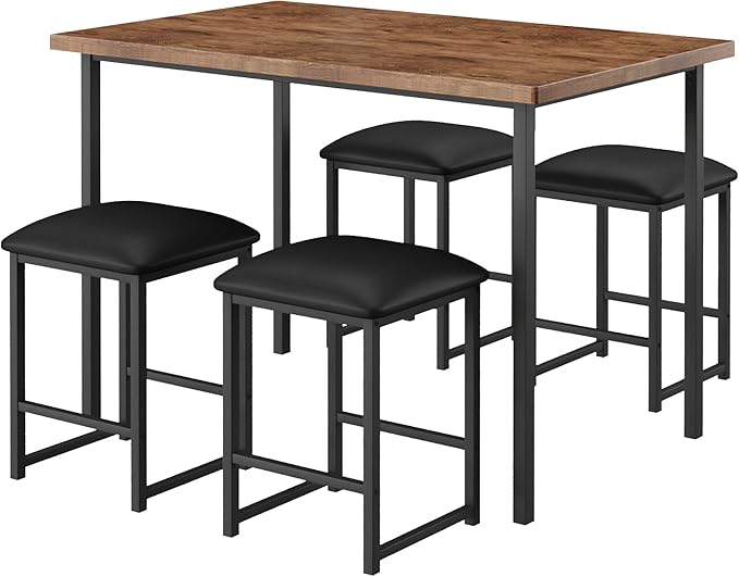 VECELO Kitchen Table and Chairs for 4, Dining Room Set with PU Chairs/Stools, Heavy-Duty Metal Frame, Wooden Tabletop, Space-Saving Design for Small Spaces, Easy Assembly, Classic Brown