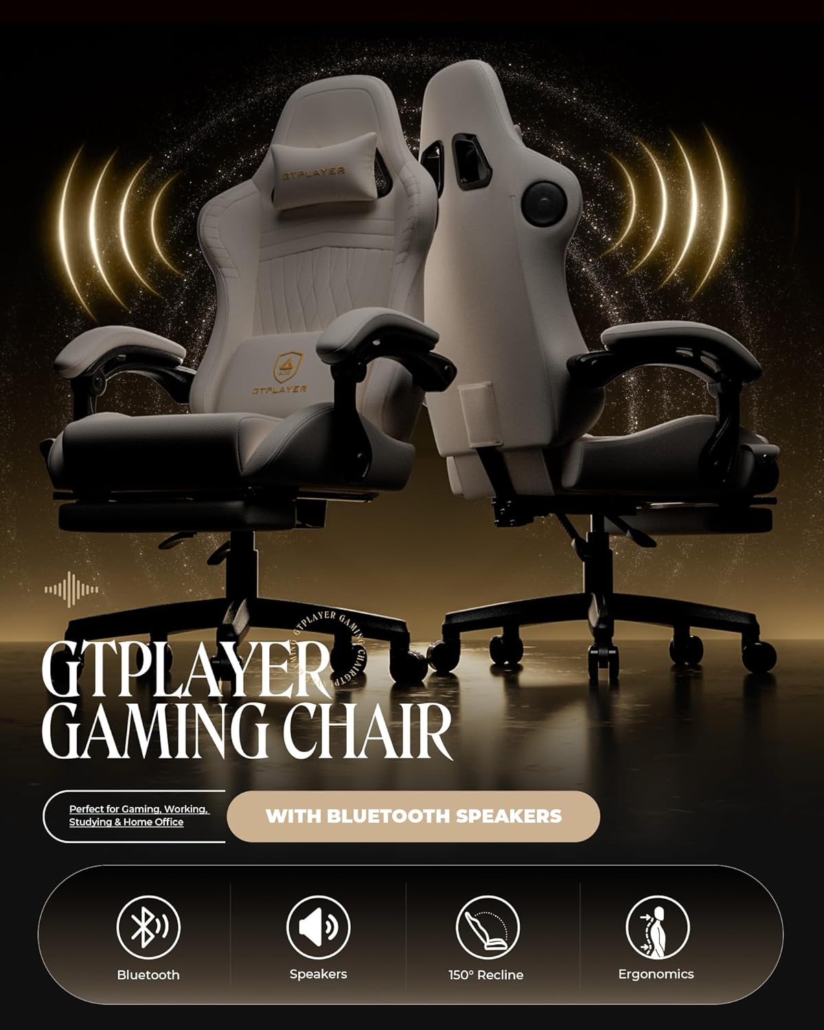 GTPLAYER Gaming Chair for Adults, Ergonomic Computer Game Chairs with Speakers, Footrest & Linkage Armrest, Reclining High Back Silla Gamer for Home Office, Ace Pro, Off-White