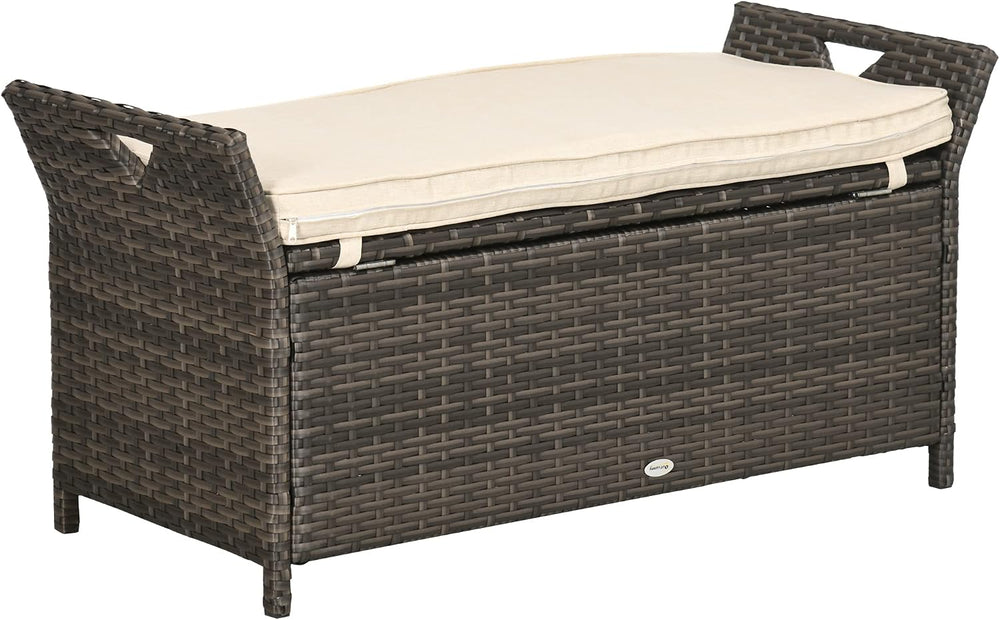 27 Gallon Patio Wicker Storage Bench, Outdoor PE Rattan Patio Furniture, 2 in...