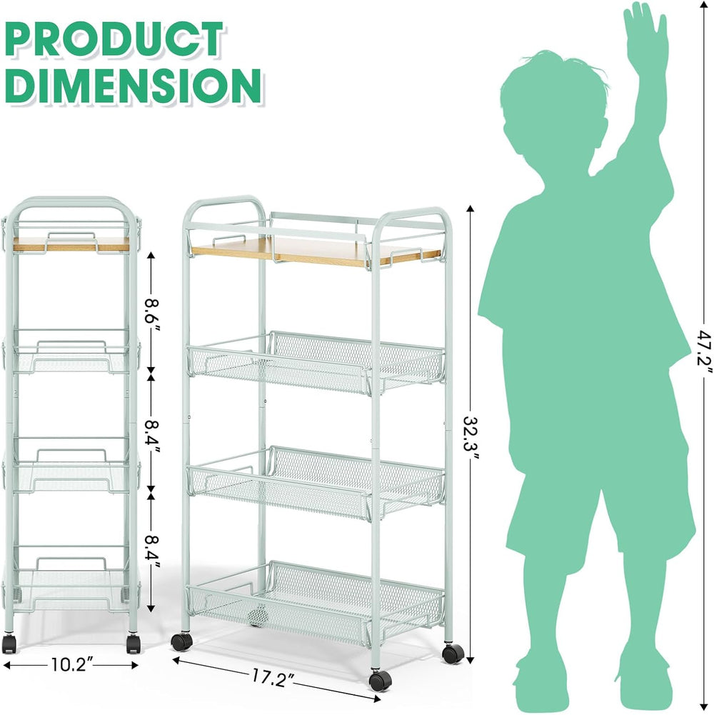 TOOLF 4-Tier Rolling Cart, Metal Utility Cart, Slide Out Storage Cart with Wo...