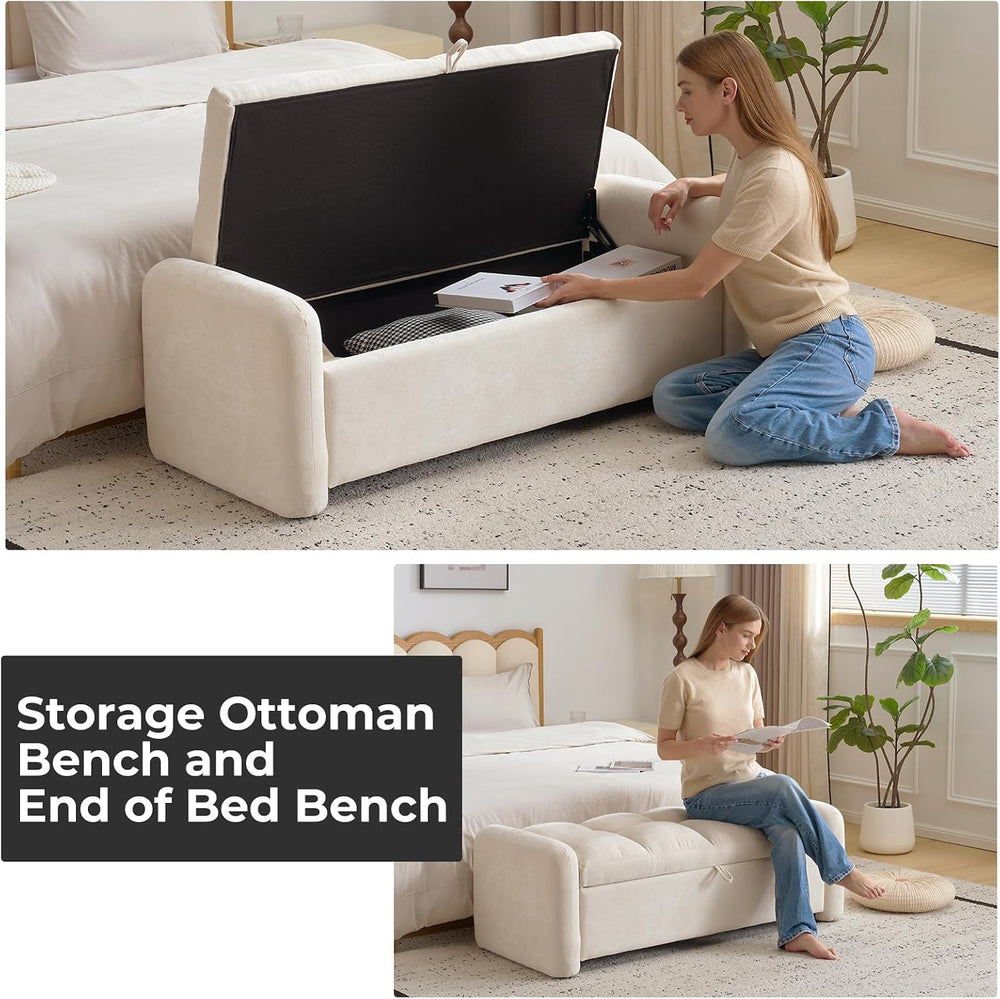 Oversized Ottoman Bench with Storage, Chenille Beige | Oversized Storage Benc...