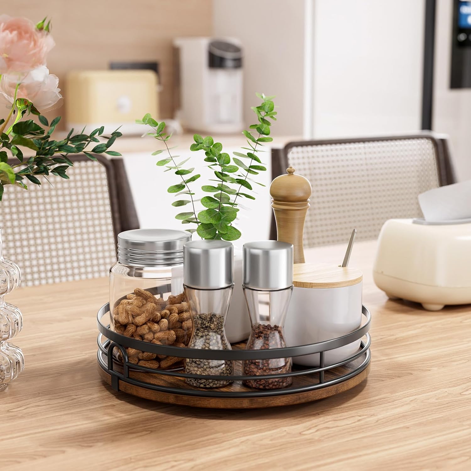 LAMU 9'' Lazy Susan Turntable Organizer for Cabinet, Round Wood Lazy Susan for Table Top, Kitchen, Countertop, Pantry, Spice, Bathroom Vanity, Coffee, Farmhouse Decor