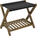 SONGMICS Bamboo Luggage Rack, Foldable Suitcase Stand, Luggage Holder with Storage Shelf, PU Synthetic Leather, Fully Assembled, for Guest Room, Hotel, Bedroom, Walnut Brown URLR030KZ01