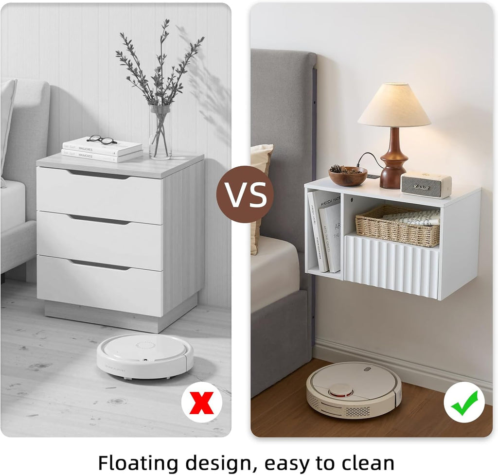 Modern Matte White Fluted Floating Nightstand with Charging Station, NightStand with Drawers, Bedside with USB Ports and Outlets, Bedroom Furniture (Set of 2)